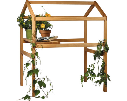 Table de culture en bois avec deux niveaux et plantes