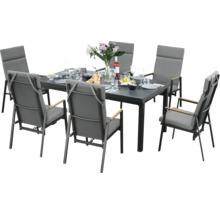 Esstischgruppe mit sechs Stühlen und Geschirr für den Aussenbereich