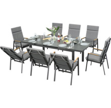 Gartentisch mit acht Stühlen und grauen Polstern