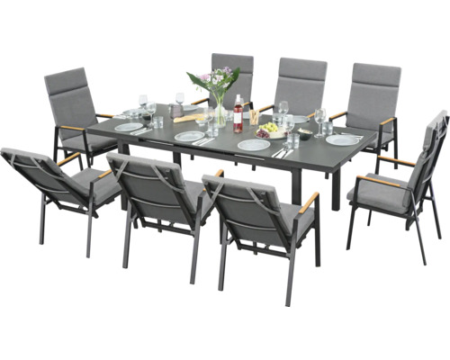 Gartentisch mit acht Stühlen und grauen Polstern