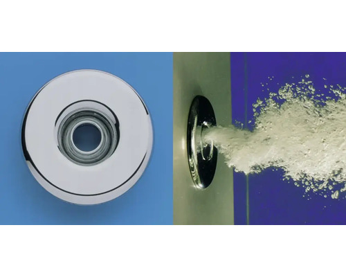 Buse de bain à remous chromée en détail et en action