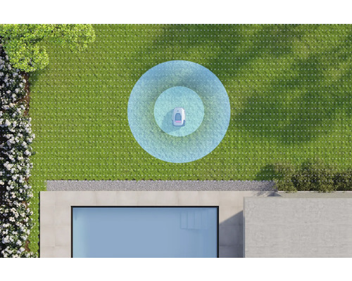 Draufsicht eines Rasenmähroboters auf einer Rasenfläche neben einem Pool