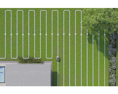 Draufsicht eines Rasenmähroboters, der einem programmierten Weg auf einem Rasen folgt.