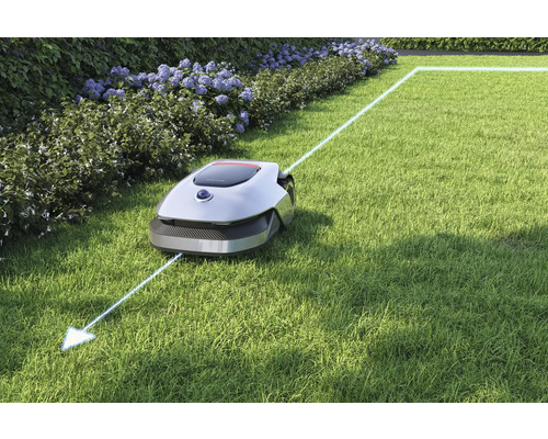 Rasenmähroboter auf Rasenfläche mit Begrenzungskabel
