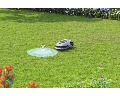 Rasenroboter auf einer Rasenfläche mit virtuellem Ortungssymbol