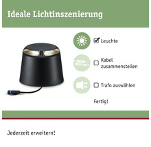 Abbildung einer schwarzen Gartenleuchte und Informationen zur Installation.