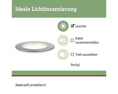 Spot encastrable avec l''information qu''un corps lumineux est inclus, mais que les câbles et le transformateur doivent être achetés en plus.
