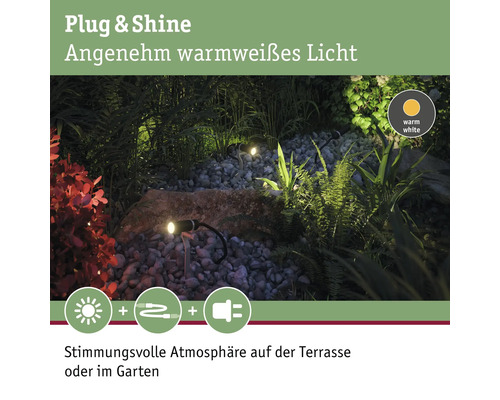 Gartenlandschaft mit Plug and Shine Leuchten für stimmungsvolle Beleuchtung im Garten
