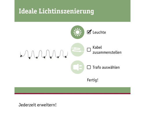 Anleitung zur Lichtinstallation: Leuchte, Kabel zusammenstellen, Trafo auswählen, fertig
