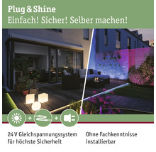 Plug and Shine Beleuchtungssystem für den Aussenbereich mit 24 Volt Gleichspannung für hohe Sicherheit.