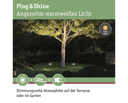 Éclairage de jardin Plug and Shine avec lumière blanche chaude pour un éclairage d''ambiance de la terrasse ou du jardin.