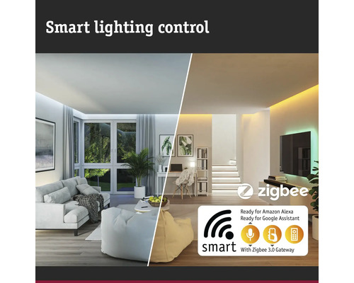 Éclairage intelligent dans les espaces de vie avec la technologie Zigbee pour le contrôle via Amazon Alexa ou Google Assistant.