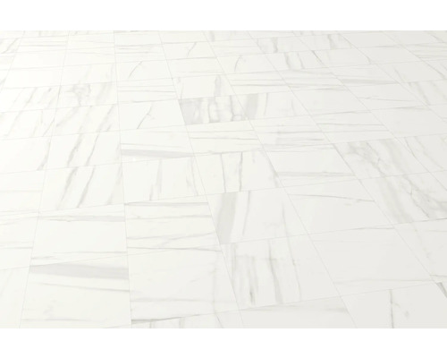 Sol carrelé avec des carreaux imitation marbre.