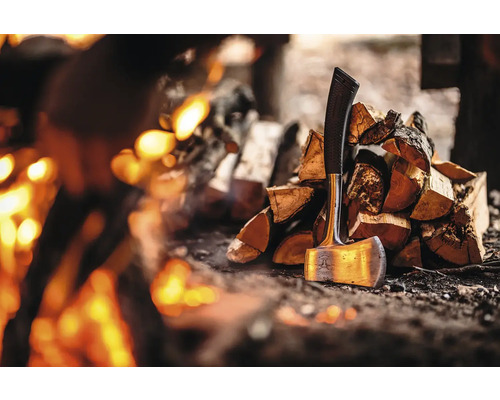 Hache à côté d''une pile de bois devant un feu