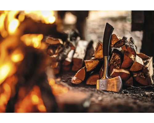 Hache avec des bûches à côté d''un feu