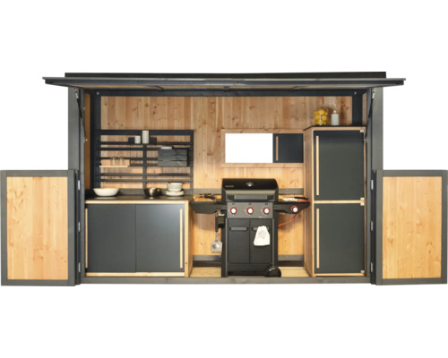 Cuisine d''extérieur avec barbecue, plans de travail, armoires et étagères