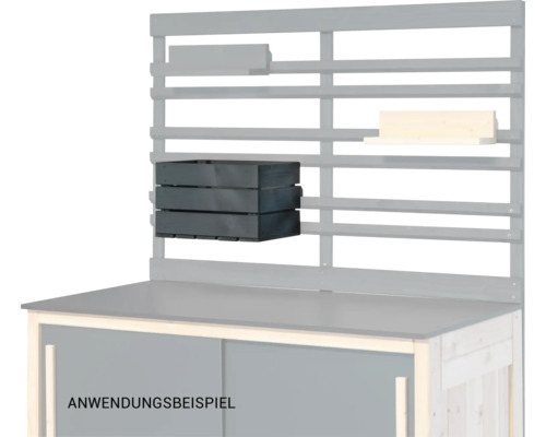 Établi avec étagère en bois et trois caisses de rangement en bois