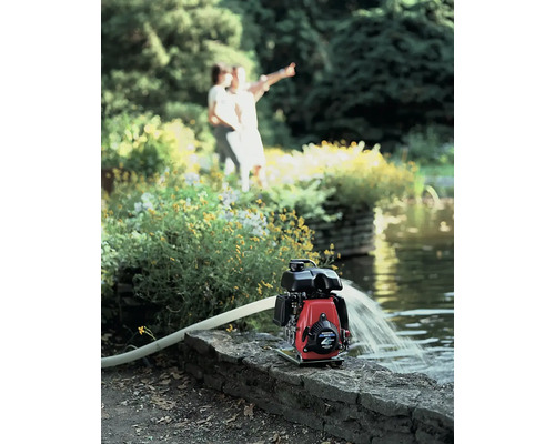 Une pompe à eau pompe de l''eau dans un bassin de jardin, avec un couple en arrière-plan.