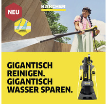 Frau benutzt Kärcher Hochdruckreiniger zur Reinigung einer Holzfläche, Kärcher Logo.