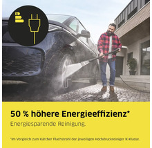 Ein Mann reinigt mit einem Hochdruckreiniger ein Auto. Energiesparhinweis durch Energiesparlabel.