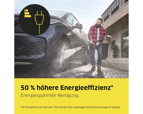 Ein Mann reinigt mit einem Hochdruckreiniger ein Auto. Energiesparhinweis durch Energiesparlabel.