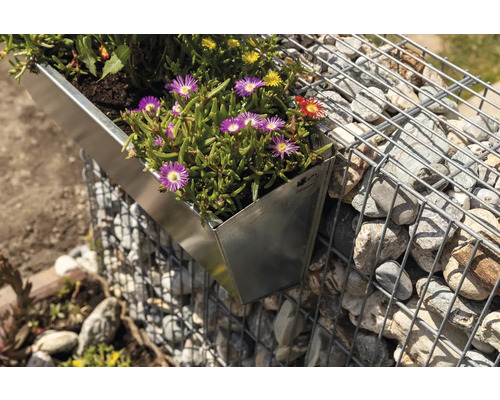 Mur de gabions avec jardinière métallique plantée
