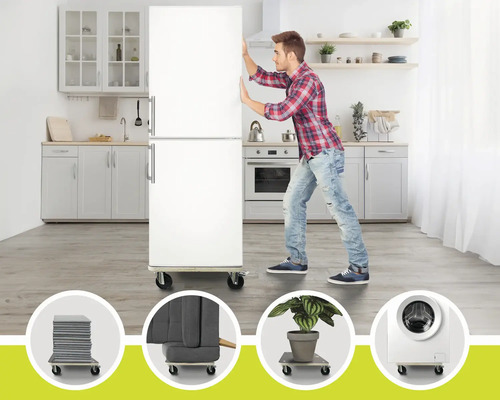 Un homme pousse un réfrigérateur sur un chariot à meubles dans une cuisine claire. Exemples d''applications avec une machine à laver, des plantes et des chaises.