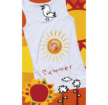 Débardeur blanc avec soleil, oiseau et inscription Summer