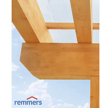 Construction en bois avec toit translucide et logo Remmers