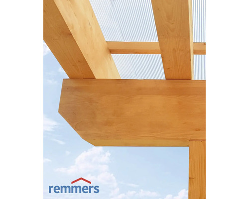 Construction en bois avec toit translucide et logo Remmers