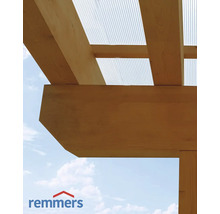 Vue détaillée d''une structure en bois avec des plaques de toit transparentes et le logo Remmers