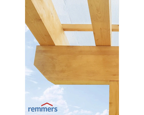 Vue détaillée d''une construction en bois avec un toit en tôle ondulée et le logo Remmers