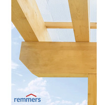 Vue détaillée d''un abri en bois avec plaques de toit transparentes et le logo Remmers