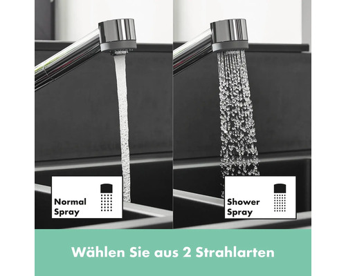 Wasserhahn mit zwei Strahlarten: Normalstrahl und Brausestrahl