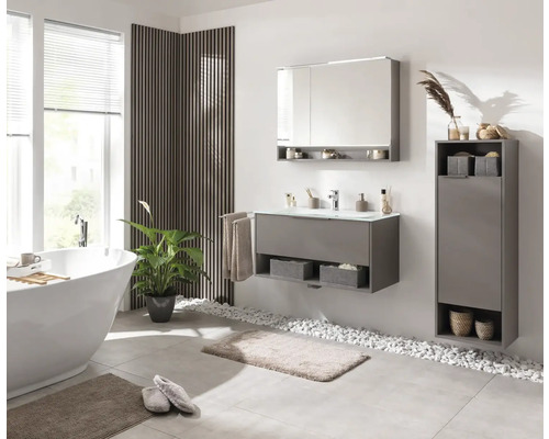 Salle de bain moderne avec lavabo, armoire de toilette et armoire haute