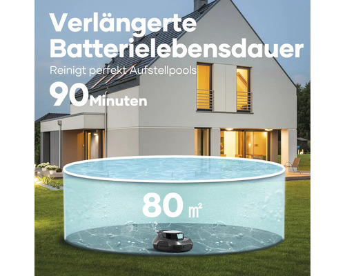 Poolroboter zur Reinigung von Aufstellpools mit einer Akkulaufzeit von 90 Minuten und einer Reinigungskapazität von 80 Quadratmetern