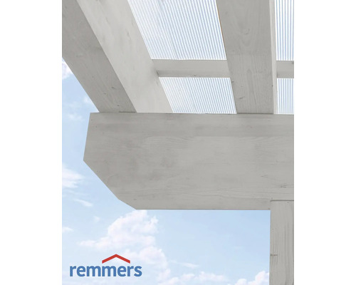Lasure HK Remmers gris platine 750 ml Vue détaillée d''une pergola avec toit transparent et logo Remmers.