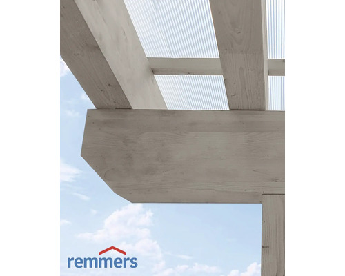 Lasure HK Remmers gris graphite 750 ml Vue détaillée d''une pergola avec le logo Remmers.