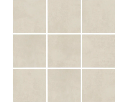 Neun quadratische, helle Fliesen, angeordnet in einem 3x3-Muster, für Boden- oder Wandbeläge.
