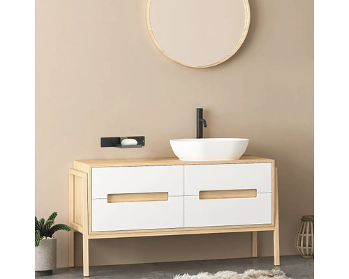 Salle de bains avec meuble sous-lavabo, vasque à poser et miroir rond