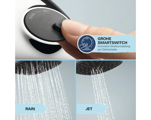 Brausekopf mit Strahlarten Rain und Jet sowie Grohe Smartswitch zur Strahlumstellung