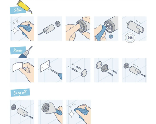 Instructions pour le montage d''une barre de douche avec de la colle, des vis ou pour un démontage facile