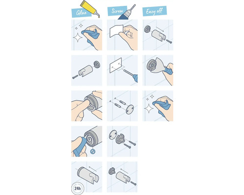 Instructions de montage illustrées pour un produit avec collage, vissage et retrait facile