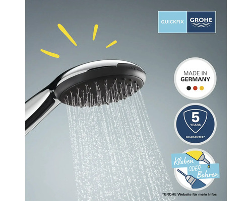 Handbrause mit Wasserstrahl und Herstellerhinweisen zu Garantie, Herkunft und Befestigung