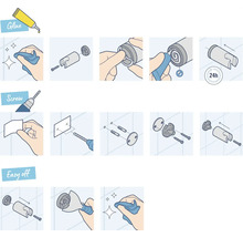 Anleitung zur Montage ohne Bohren mit Klebstoff, Schrauben oder einfache Entfernung.