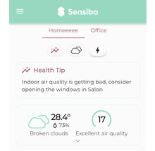 Sensibo App-Oberfläche mit Informationen zur Raumluftqualität und Gesundheitstipps.