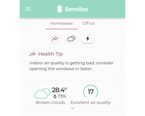 Interface de l''application Sensibo avec des informations sur la qualité de l''air et des conseils de santé.