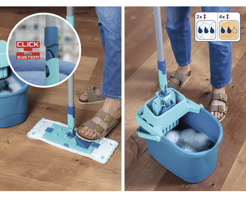 Wischmop mit Eimer und Auswringvorrichtung auf einem Holzboden