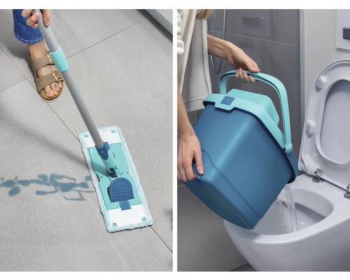 Reinigungsszene mit Mopp und Eimer in einem Badezimmer.