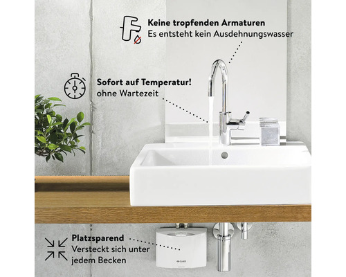 Scène d''un lavabo avec robinet et chauffe-eau sous plan